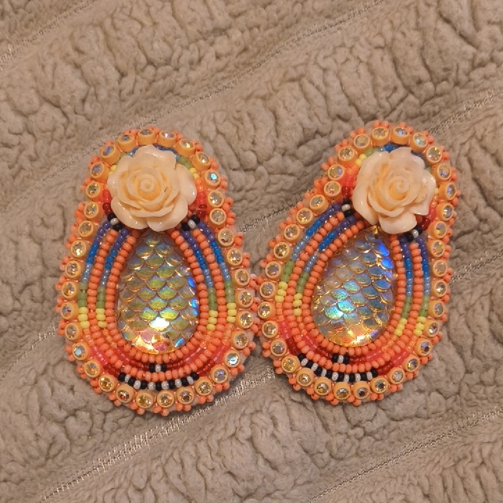 Hand Beaded Earrings with Floral Accent